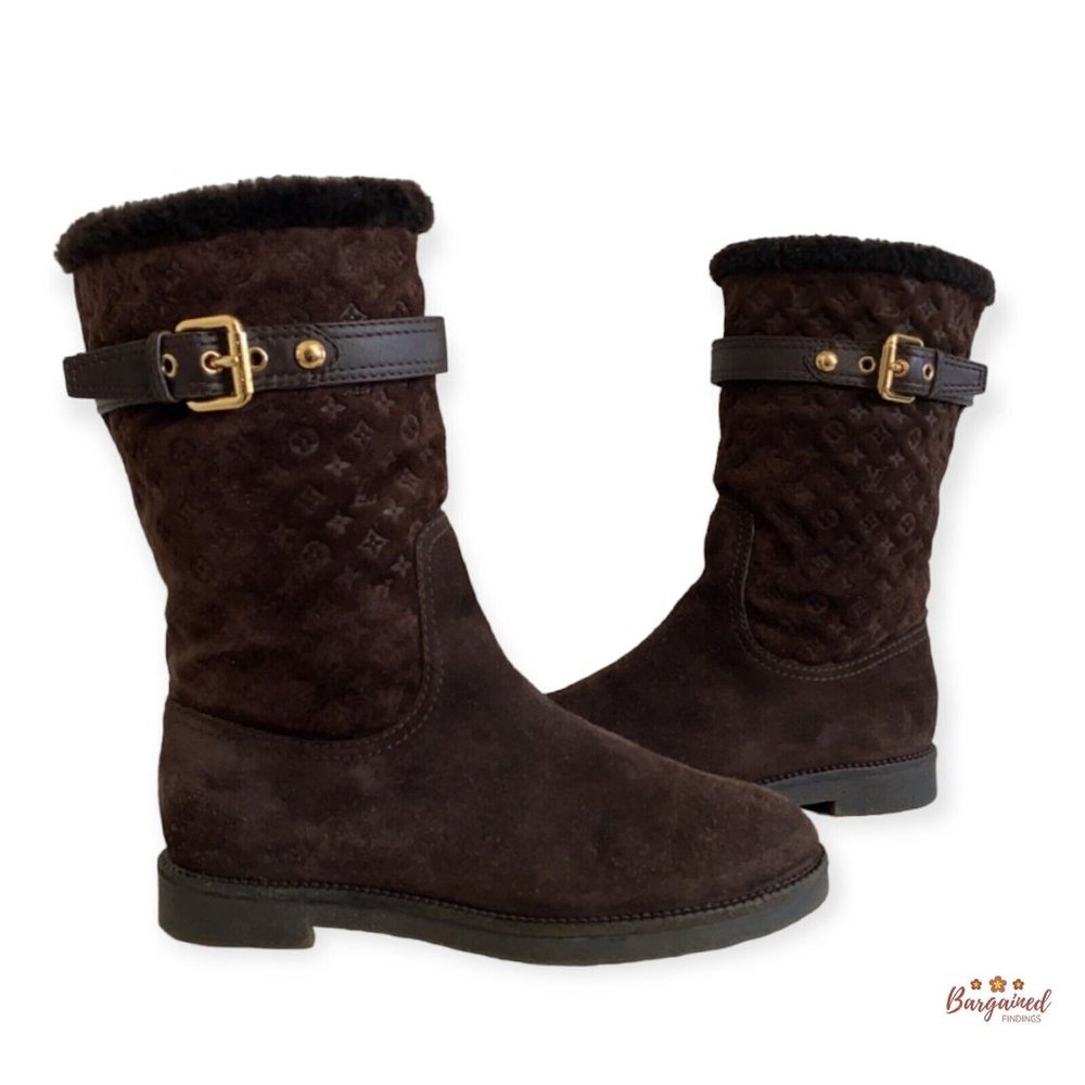 Authentic LOUIS VUITTON Dark Brown Suede Shearling Monogram Boots Size 36/6